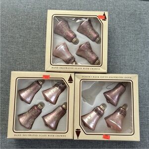 Christmas by Krebs Lot of 11 Pink glass bells vintage gold glitter Floral ribbon